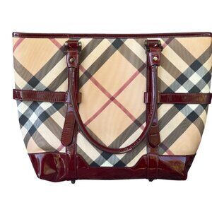 Burberry Nova Check Canvas & Leather Burgundy/Beige Tote Bag